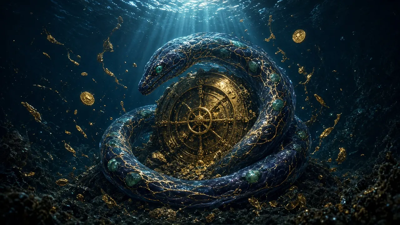 An abyssal leviathan coiled around the golden Vault wheel