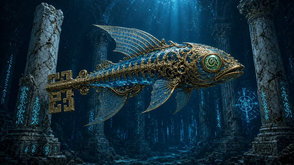 A golden keyfish swimming through the vault ruins