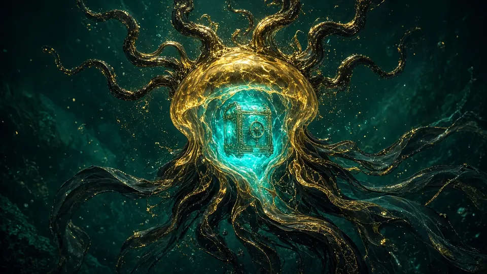 A fortune medusa carrying a glowing vault seal